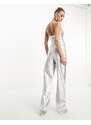 Naked Wardrobe - Pantaloni in pelle sintetica a fondo ampio color argento effetto coccodrillo