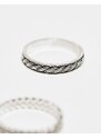 ASOS DESIGN - Set di 2 anelli a fascia color argento brunito con design intrecciato e a foglia