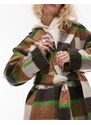 Topshop - Cappotto con 20% lana spazzolato a quadri crema e verde