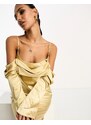 ASOS DESIGN - Vestito midi in raso oro con spalle scoperte e spalline sottili