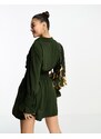 Ax Paris - Vestito camicia corto verde oliva con vita arricciata