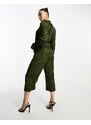 AX Paris - Tuta jumpsuit stile culotte accollata verde con stampa animalier