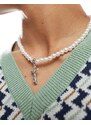 ASOS DESIGN - Collana con perle sintetiche da 6 mm con pendente a croce argentata-Argento