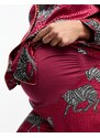 Chelsea Peers Maternity - Pigiama natalizio in raso color vino con stampa di zebre composto da pantaloni e top con bottoni-Rosso