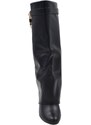 Malu Shoes Stivali donna nero al ginocchio con pezzo di pelle risvolto fino a terra catenaccio oro punta rotonda comodo zeppa 5 cm