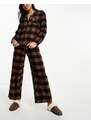 Loungeable - Set pigiama in cotone pettinato con top a maniche lunghe e pantaloni marrone cioccolato a quadri