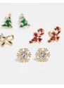 ASOS DESIGN - Confezione da 4 paia di orecchini natalizi con design a forma di bastoncini da zucchero e alberi di Natale-Multicolore