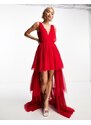 Lace & Beads - Vestito lungo in tulle rosso asimmetrico con scollo profondo e gonna a balze