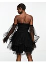 Lace & Beads - Vestito corto in tulle nero con scollo alla Bardot e maniche a sbuffo