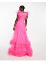 Lace & Beads Lace and Beads - Vestito lungo in tulle rosa acceso con volant