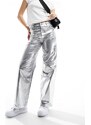 Bershka - Pantaloni in pelle sintetica dritti color argento effetto screpolato