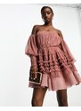 Lace & Beads - Vestito corto in tulle color merlot a maniche lunghe con scollo Bardot-Rosso