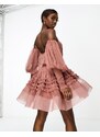 Lace & Beads - Vestito corto in tulle color merlot a maniche lunghe con scollo Bardot-Rosso