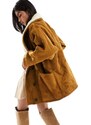 Pull&Bear - Cappotto in camoscio sintetico marrone tabacco con dettaglio stile montone