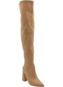 Malu Shoes Stivali donna a punta licra effetto calza sopra al ginocchio beige carne con tacco largo alto aderenti sexy