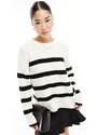 Selected Femme - Maglione largo color panna a righe nere-Bianco