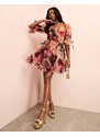 ASOS LUXE - Vestito skater corto in organza con stampa a fiori stile foulard, volant e scollo profondo-Multicolore