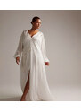ASOS Curve ASOS DESIGN Curve - Florence - Vestito da sposa a maniche lunghe con dettaglio in pizzo sangallo e scollo profondo-Bianco