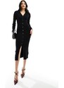 New Look - Vestito midi in maglia nero con bottoni e arricciature