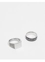 ASOS DESIGN - Confezione da 2 anelli a fascia con onda greca e con sigillo argentati in acciaio inossidabile resistente all'acqua-Argento