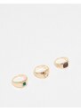 ASOS DESIGN - Confezione da 3 anelli con sigillo dorati con pietre sintetiche occhio di tigre-Oro
