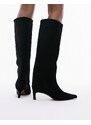 Topshop - Tara - Stivali al ginocchio neri a punta in camoscio premium con tacco medio-Nero