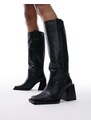 Topshop - Talia - Stivali al ginocchio con tacco neri in pelle premium con punta squadrata a pianta larga-Nero