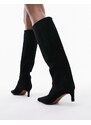 Topshop - Tara - Stivali al ginocchio neri a punta in camoscio premium con tacco medio a pianta larga-Nero