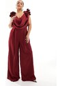 ASOS LUXE Curve - Tuta jumpsuit a fondo ampio bordeaux in raso con scollo profondo e decorazioni floreali oversize-Rosso