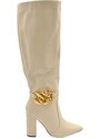 Malu Shoes Stivale donna alto morbido in pelle beige con tacco largo10 cm liscio con catena oro a punta moda altezza ginocchio