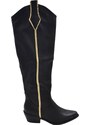 Malu Shoes Stivali texani camperos donna nero tacco western in legno 3 cm striscia dorata al ginocchio moda tendenza