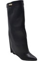 Malu Shoes Stivali donna nero al ginocchio a punta risvolto pezzo di pelle sopra fino a terra zeppa gancio oro shark liscio moda