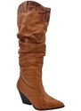 Malu Shoes Stivali camperos donna in ecopelle arricciata cuoio altezza ginocchio con tacco western legno 5cm dettagli animalier zip