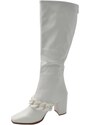 Malu Shoes Stivali donna in pelle bianco fondo gomma antiscivolo tacco quadrato 5 cm al ginocchio zip con catena punta quadrata