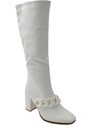 Malu Shoes Stivali donna in pelle bianco fondo gomma antiscivolo tacco quadrato 5 cm al ginocchio zip con catena punta quadrata