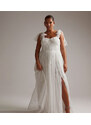 ASOS Curve ASOS DESIGN Curve - Mila - Vestito da sposa in rete color avorio con spalline allacciate e decorazioni floreali-Bianco