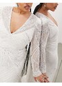 ASOS Curve ASOS DESIGN Curve - Millie - Vestito da sposa a maniche lunghe color avorio con lavorazione vintage in paillettes e perline-Bianco