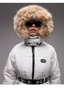 Topshop - Sno - Cappotto da sci écru con cintura e cappuccio con finiture in pelliccia sintetica-Bianco