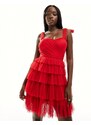 Lace & Beads - Vestito corto rosso in tulle con volant e spalline con fiocchi