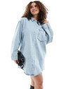 ASOS Curve ASOS DESIGN Curve - Vestito camicia corto di jeans lavaggio candeggiato con tasche sul davanti-Blu