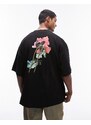 Topman - T-shirt super oversize premium nera con papaveri ricamati-Nero