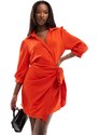 AX Paris - Vestito camicia corto rosso a portafoglio allacciato in vita-Arancione