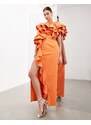 ASOS Edition - Vestito lungo premium monospalla arancione con volant e bordi grezzi