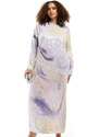 ASOS EDITION Curve - Vestito lungo a maniche lunghe in tonalità pastello con motivo astratto e paillettes-Multicolore
