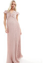 TFNC Maternity - Vestito lungo da damigella in chiffon rosa tenue con gonna a pieghe e maniche con volant