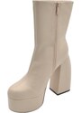 Malu Shoes Tronchetto donna stivaletto in pelle beige punta tonda tacco 12cm plateau 5cm con zip effetto calzino al polpaccio