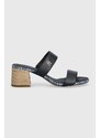 Tommy Hilfiger infradito in pelle BLOCK MID HEEL SHIRTING SANDAL donna colore blu navy FW0FW07742