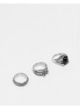 ASOS DESIGN - Confezione da 3 anelli in acciaio inossidabile resistente all'acqua argentati con pietra nera-Argento