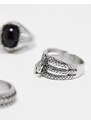 ASOS DESIGN - Confezione da 3 anelli in acciaio inossidabile resistente all'acqua argentati con pietra nera-Argento