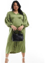 Closet London Plus - Vestito al polpaccio color oliva con maniche a palloncino-Verde